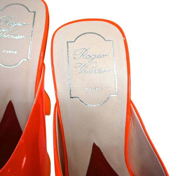 Roger Vivier Neon Orange Patent Leather Buckle Accent Platform Heels Size 38 - Picture 9 of 12